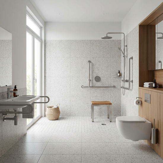 Modernes, barrierefreies Badezimmer mit ebenerdiger Dusche, Duschhocker und stabilen Haltegriffen an der Wand