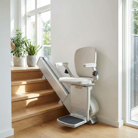 Elektrischer Treppenlift, der in einem hellen Treppenhaus installiert ist, Sitz ist heruntergeklappt und einsatzbereit