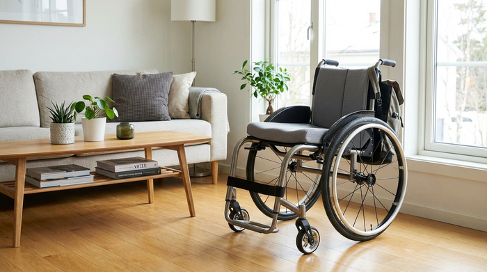 Moderner Leichtgewicht-Rollstuhl steht in einem Wohnzimmer, bereit zur Nutzung