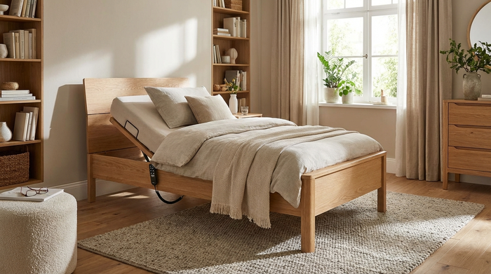 Elektrisch verstellbares Pflegebett mit wohnlichem Holzdekor im Schlafzimmer, Kopfteil ist leicht aufgerichtet
