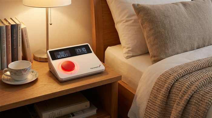 Hausnotruf-Gerät auf einem Nachttisch neben dem Bett, roter Knopf ist gut sichtbar