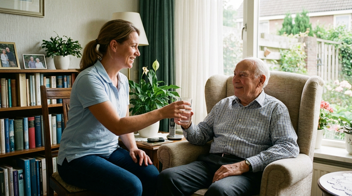 Freundliche Pflegerin reicht einem älteren Herrn im Sessel ein Glas Wasser, beide lächeln sich an, angenehme Wohnatmosphäre