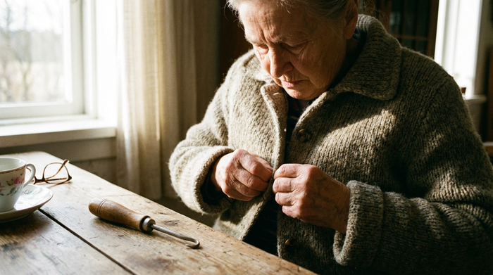Seniorin knöpft mit konzentriertem Blick eine Jacke zu, eine spezielle Knöpfhilfe liegt griffbereit auf dem Tisch