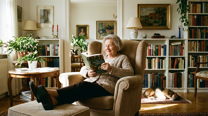 Seniorin sitzt entspannt im Sessel und liest ein Buch, gepflegte Wohnumgebung
