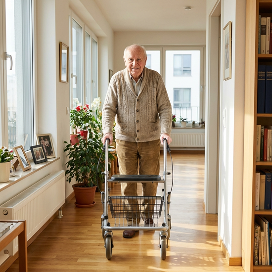 Senior geht mit Rollator durch den hellen Flur einer Wohnung