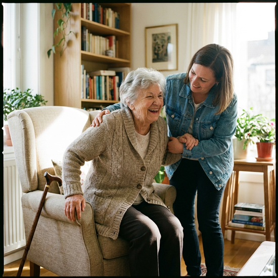 Seniorin wird von einer Person beim Aufstehen aus dem Sessel unterstützt