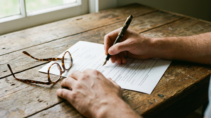 Nahaufnahme von Händen, die ein Formular auf einem Holztisch ausfüllen, Brille liegt daneben