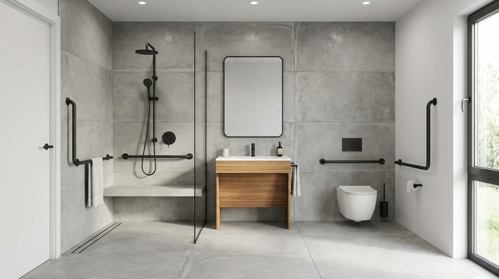 Modernes, barrierefreies Badezimmer mit ebenerdiger Dusche und Haltegriffen