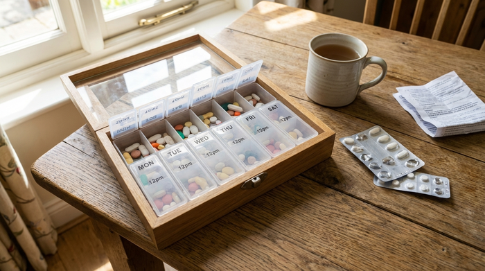 Medikamentendispenser mit sortierten Tabletten auf einem Tisch