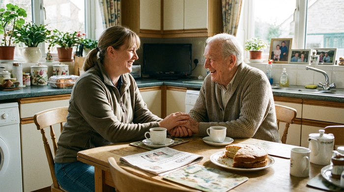 Pflegerin und Senior im freundlichen Gespräch am Küchentisch