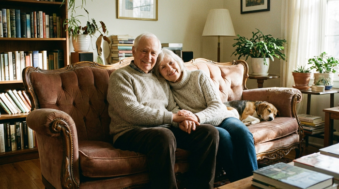 Zufriedenes älteres Ehepaar sitzt gemeinsam auf dem Sofa, entspannte Atmosphäre