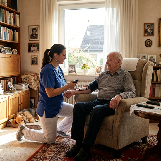 Pflegerin misst Blutdruck bei einem Senioren im Wohnzimmer
