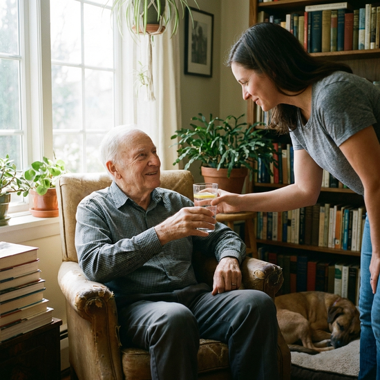 Tochter reicht ihrem Vater ein Glas Wasser