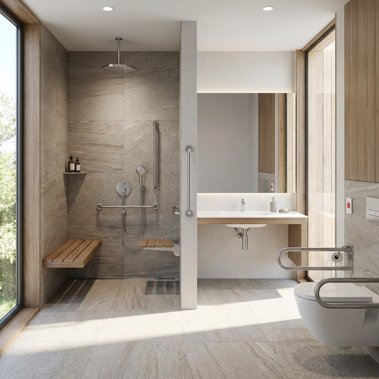 Modernes, barrierefreies Badezimmer mit ebenerdiger Dusche