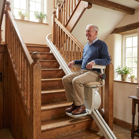 Senioren-Treppenlift an einer geraden Holztreppe