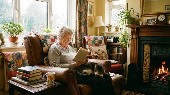 Ältere Dame sitzt entspannt im Sessel und liest, warme Wohnzimmeratmosphäre