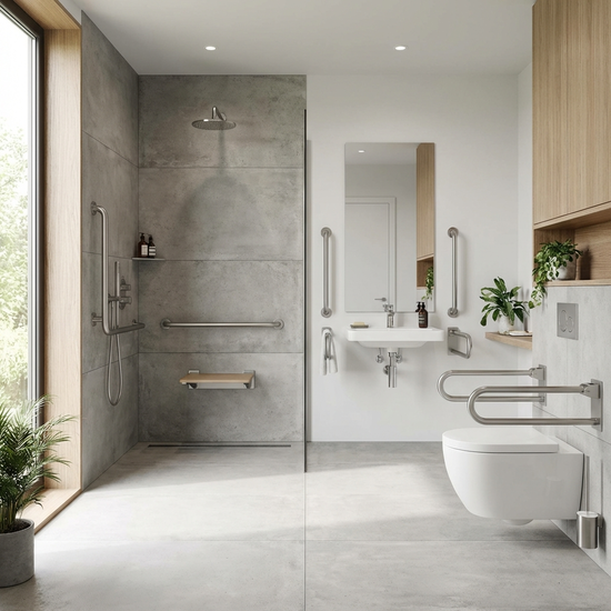 Modernes barrierefreies Badezimmer mit ebenerdiger Dusche und Haltegriff