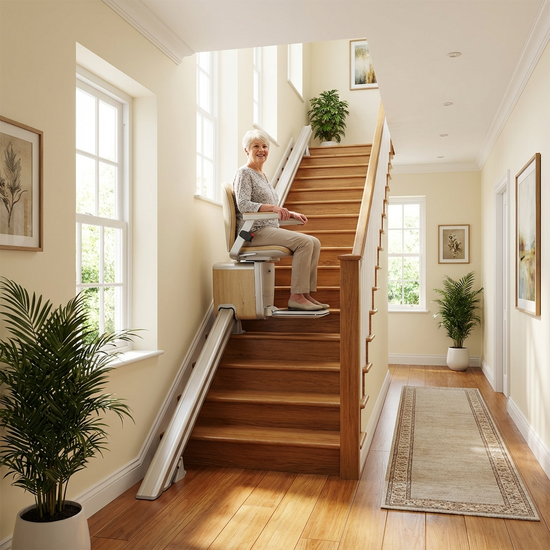 Elektrischer Treppenlift an einer geraden Treppe in hellem Flur