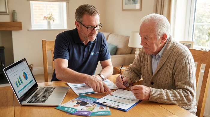 Pflegeberater im Gespräch mit Senior am Tisch, zeigt auf Unterlagen