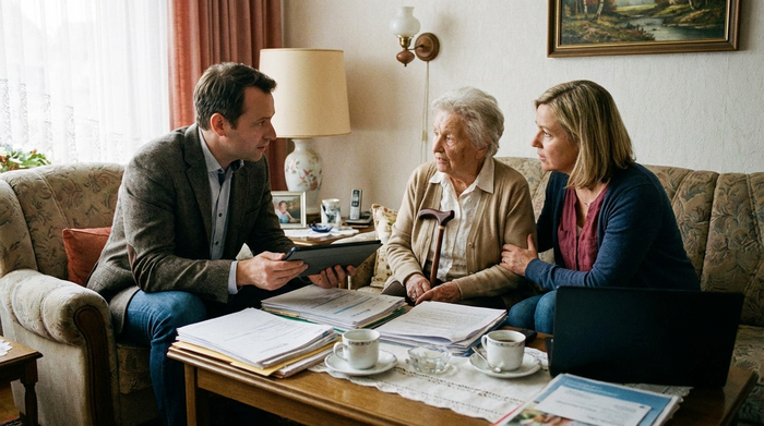 MDK-Gutachter sitzt mit Seniorin und Tochter am Wohnzimmertisch, Gesprächssituation, Unterlagen auf dem Tisch