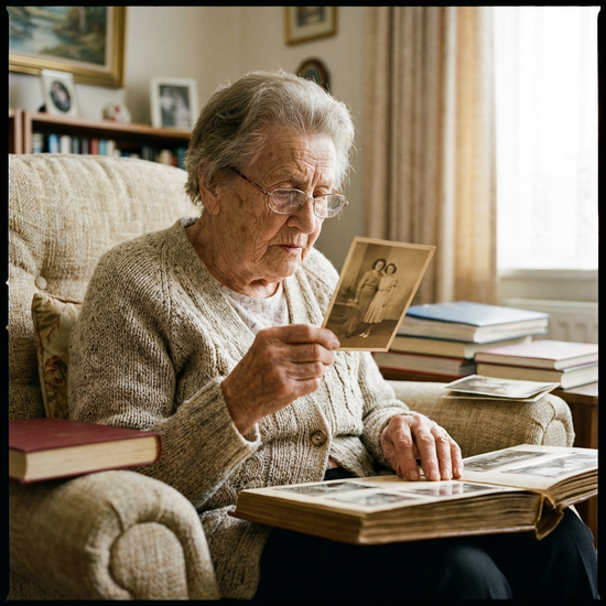 Ältere Dame schaut sich Fotoalbum an, wirkt konzentriert