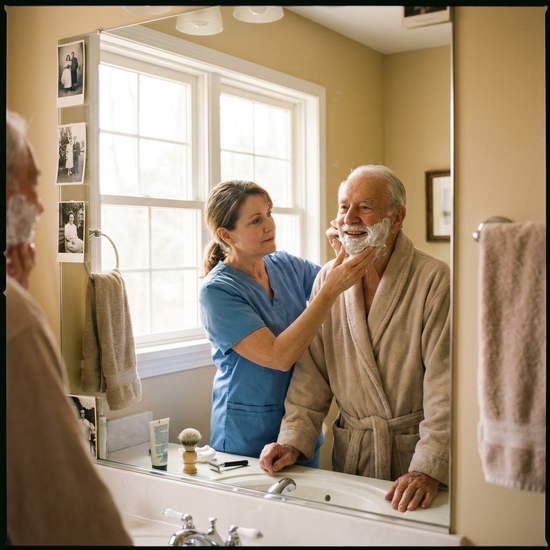 Pflegerin hilft älterem Herrn beim Rasieren vor dem Badezimmerspiegel