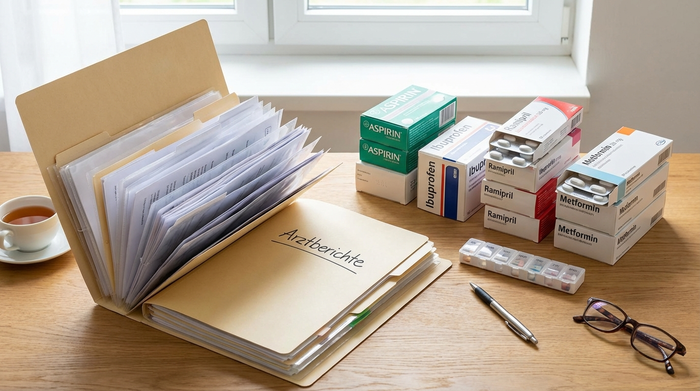Ordentlich sortierte Mappe mit Beschriftung Arztberichte und Medikamentenschachteln auf Tisch