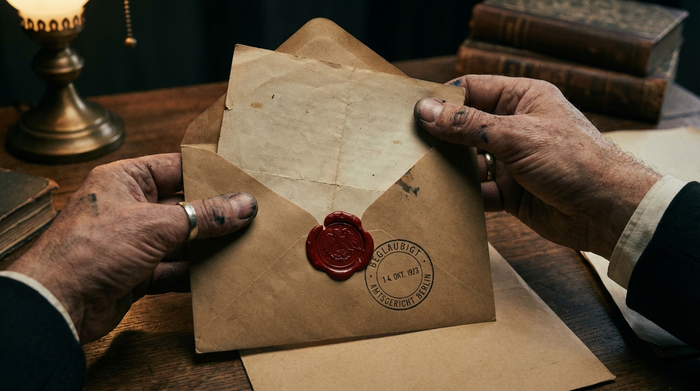 Hände halten einen Briefumschlag, Dokument mit Stempel sichtbar