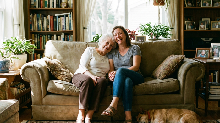 Seniorin und Tochter sitzen erleichtert auf dem Sofa, lächeln