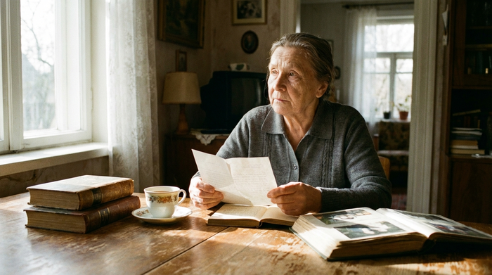 Seniorin sitzt nachdenklich mit einem Brief in der Hand am Wohnzimmertisch