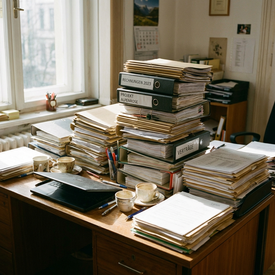 Stapel von Dokumenten und Ordnern auf einem Schreibtisch