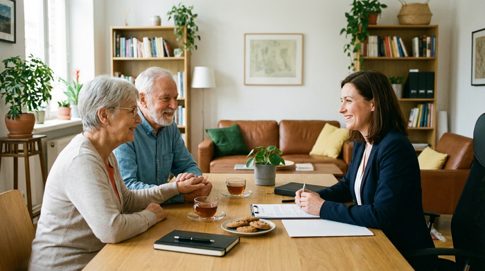 Freundliche Beraterin im Gespräch mit einem Seniorenpaar am Tisch