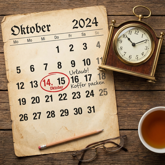 Kalenderblatt mit markiertem Datum und einer Uhr daneben