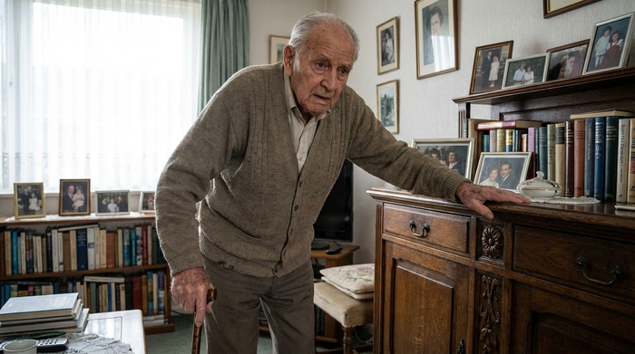 Senior stützt sich unsicher an einem Möbelstück ab, um das Gleichgewicht zu halten