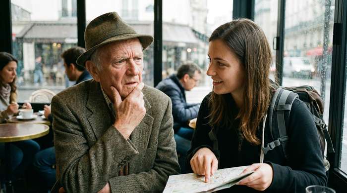 Älterer Herr wirkt in einer Gesprächssituation mit einer fremden Person leicht verwirrt
