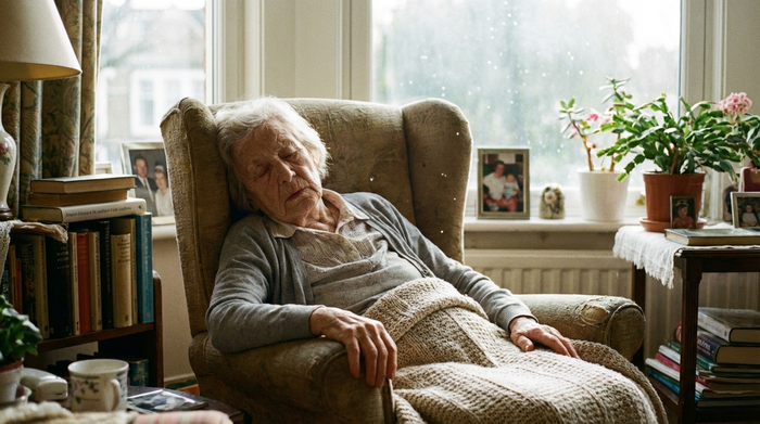 Seniorin ruht sich erschöpft in einem Sessel aus, Tageslicht fällt durch das Fenster