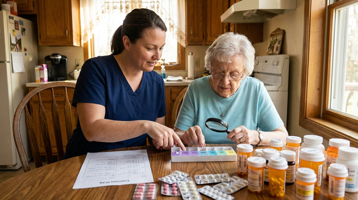 Pflegerin hilft älterer Dame beim Sortieren der Medikamente in eine Wochenbox