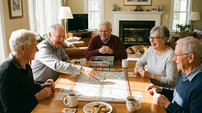 Senioren sitzen gemeinsam am Tisch und spielen ein Gesellschaftsspiel