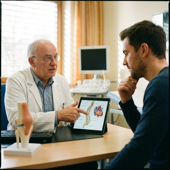 Arzt im Gespräch mit einem Patienten, erklärt medizinische Details