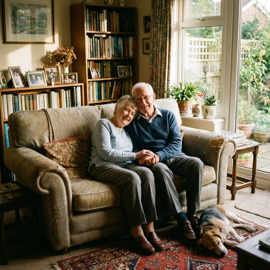 Seniorenpaar sitzt gemeinsam entspannt auf dem Sofa im Wohnzimmer