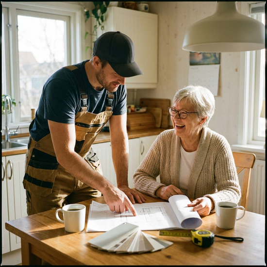 Handwerker bespricht Umbaupläne freundlich mit einer Seniorin am Tisch