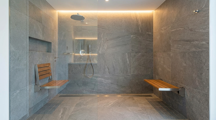 Moderne, ebenerdige Dusche mit wegklappbarem Duschsitz