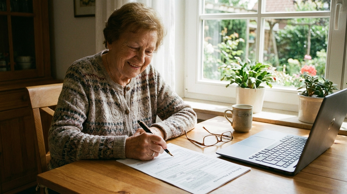Seniorin füllt Formular an einem aufgeräumten Schreibtisch aus