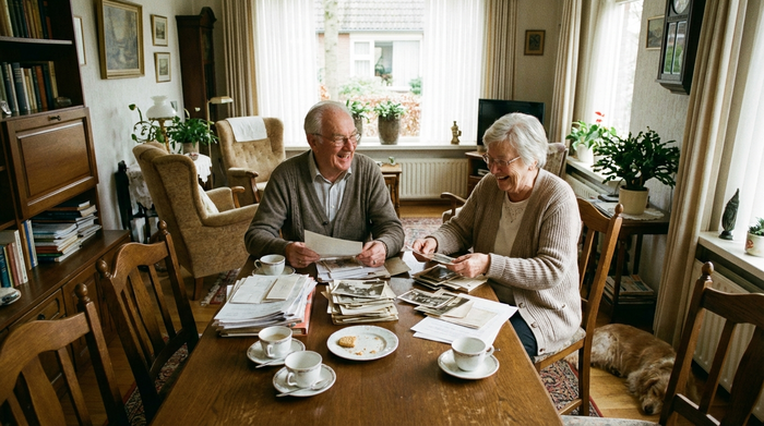 Älteres Ehepaar sitzt gemeinsam am Wohnzimmertisch und sortiert Unterlagen in entspannter Atmosphäre