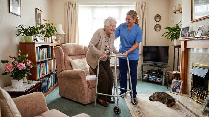 Pflegerin unterstützt ältere Dame beim Aufstehen aus dem Sessel im Wohnzimmer