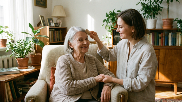 Seniorin wird freundlich beim Kämmen der Haare unterstützt