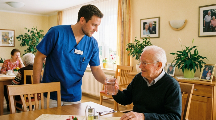 Pfleger reicht einem älteren Herrn am Esstisch ein Glas Wasser an