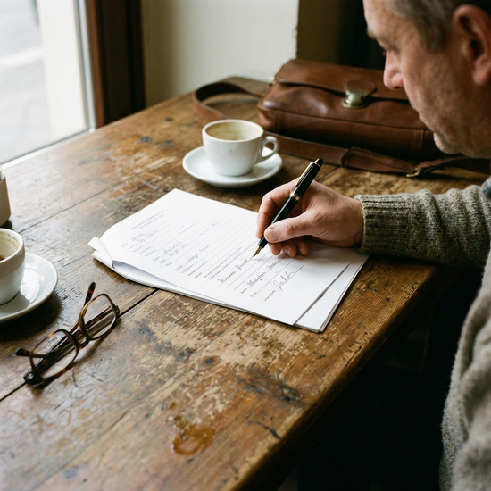 Person füllt handschriftlich ein Formular auf einem Holztisch aus