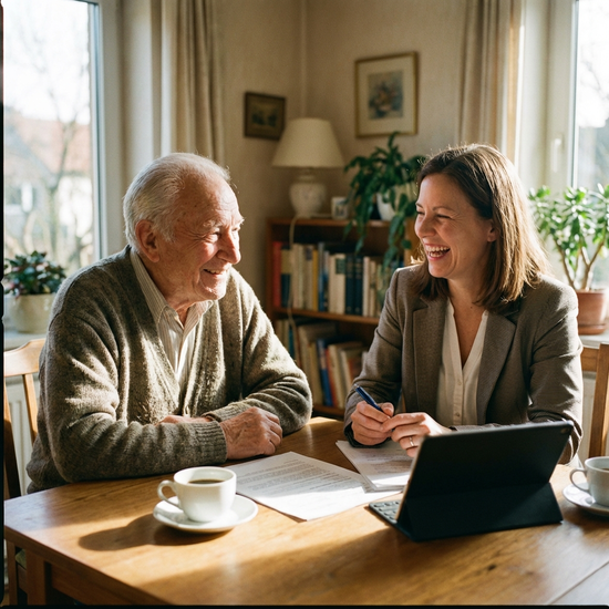 Freundliche Begutachtungssituation mit Gespräch zwischen Senior und Gutachter am Tisch