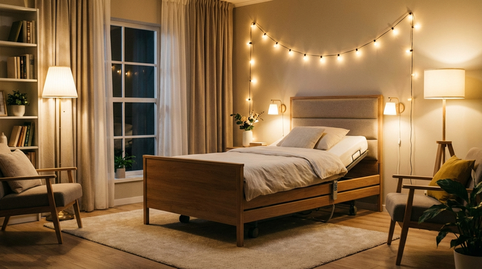 Modernes Pflegebett in wohnlichem Schlafzimmer mit angenehmer Beleuchtung
